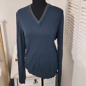 Sisley Women's Navy V-Neck Sweater with Gray Trim